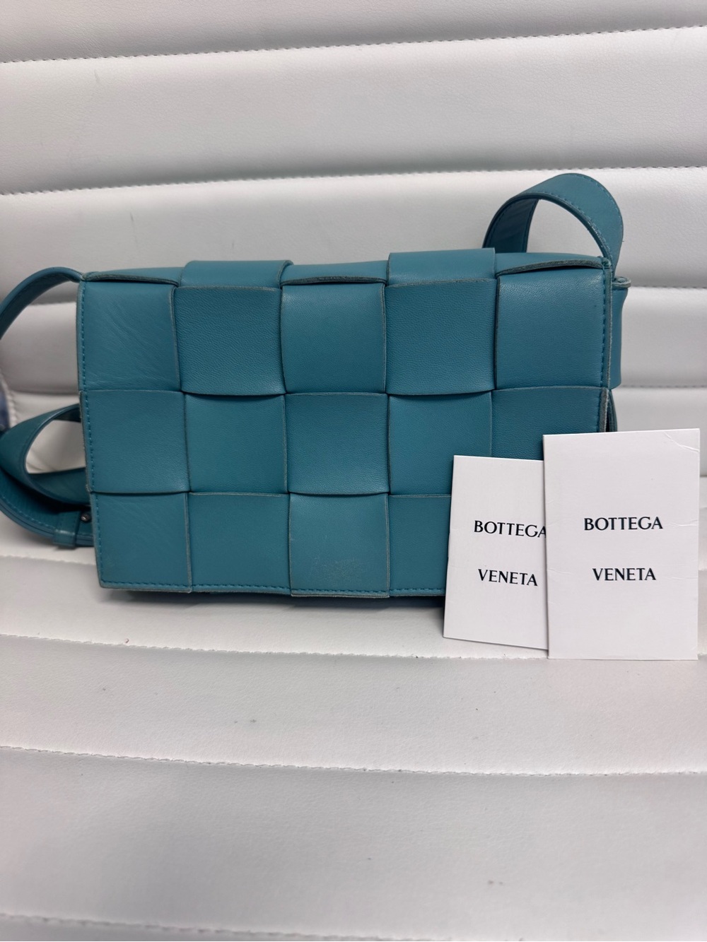 Bottega Veneta Cassette Teal Green Intrecciato Leather Shoulder Bag